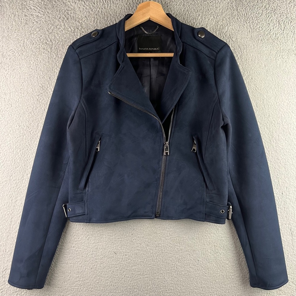 Banana Republic Navy Blue Faux Suede Moto Jacket Womens Small Cropped Biker